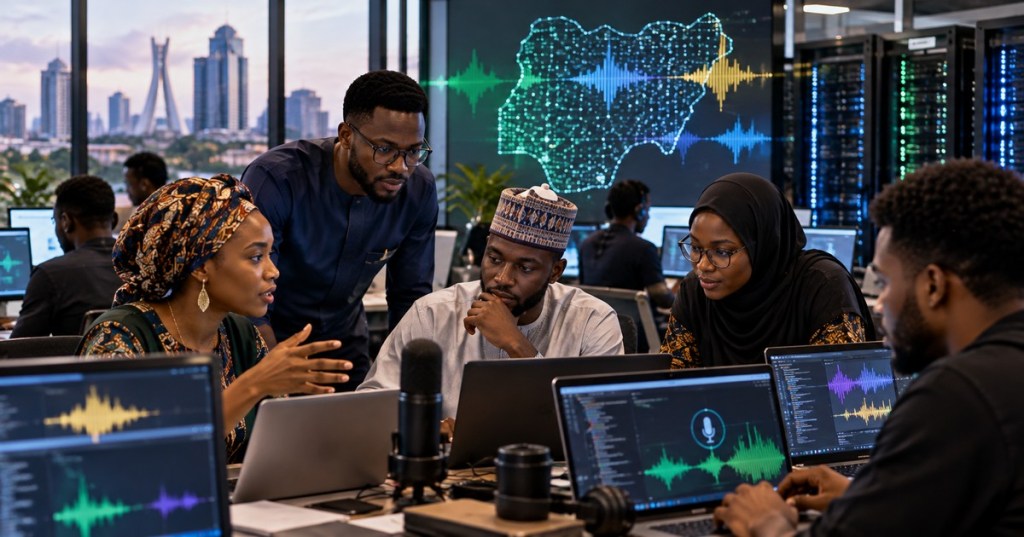 Photorealistic editorial image of Nigerian AI developers working with speech interfaces, servers and multilingual voice technology in a modern lab
