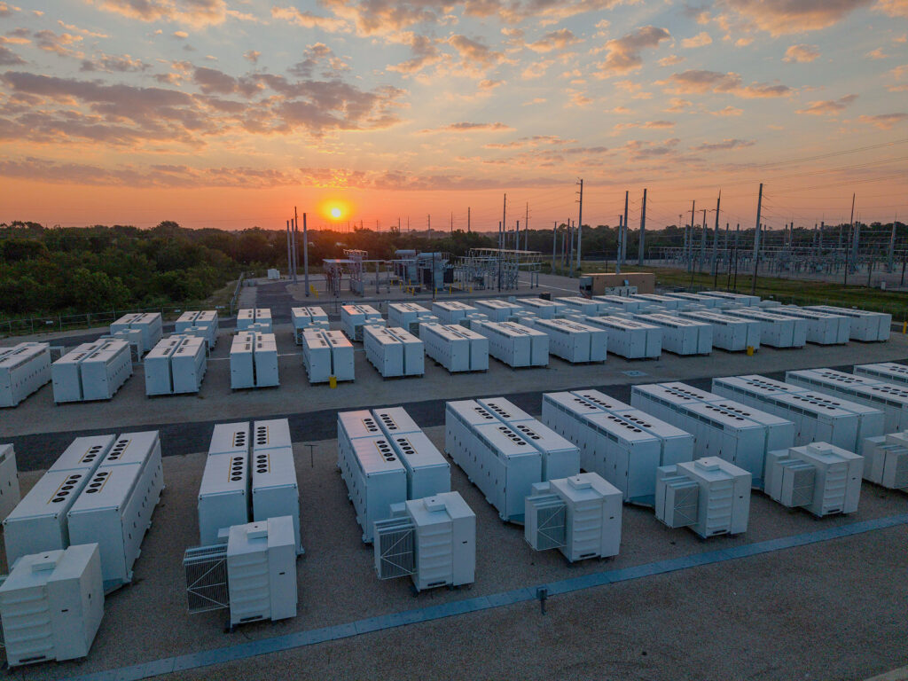 Nightpeak Energy aerial of battery storage containers and substation at Bocanova, Texas at sunset