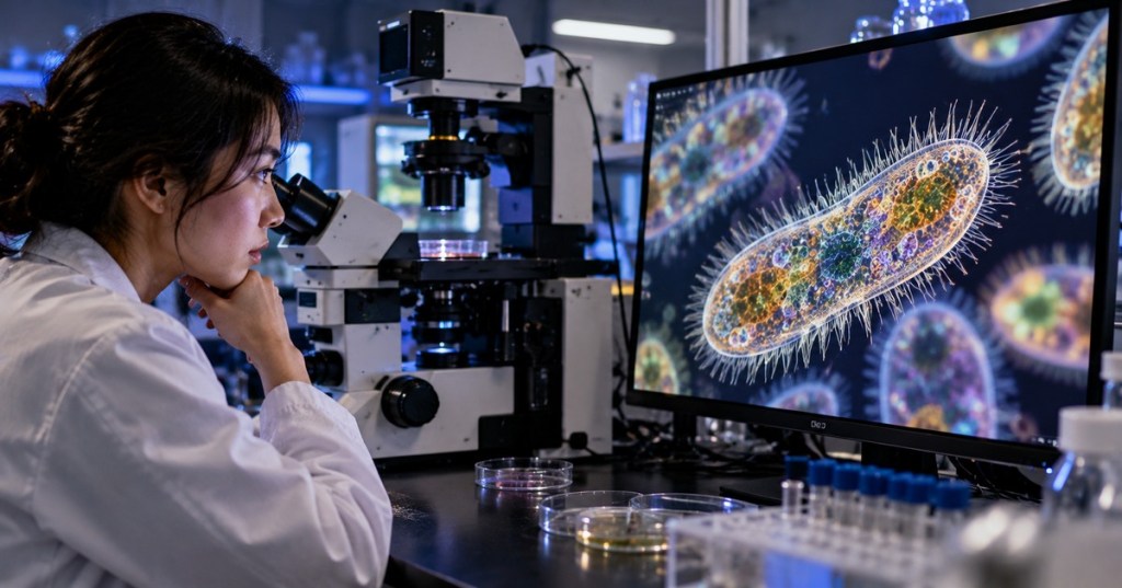 A scientist examines microscopic biological structures on a large display beside an advanced light microscope in a research laboratory.