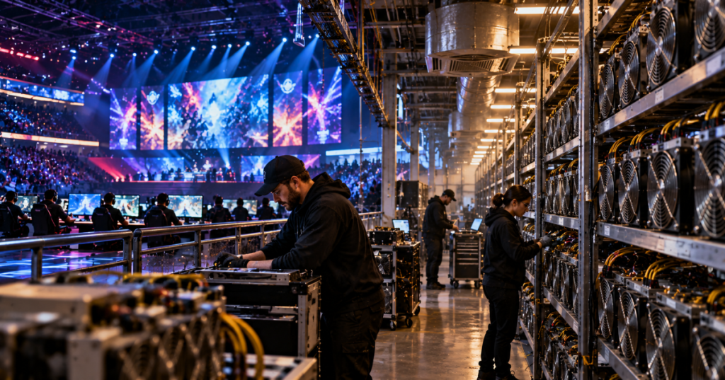 Original editorial concept image depicting an esports arena transitioning into rows of ASIC Bitcoin miners and technicians; not documentary photography of NIP Group facilities.