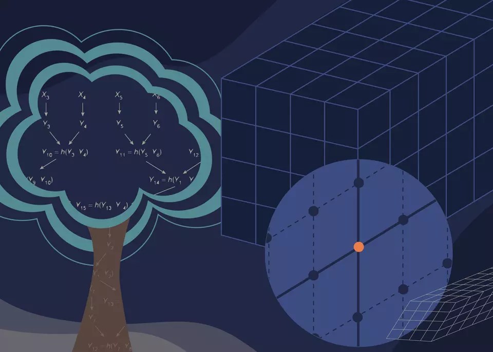 NIST illustration representing post-quantum cryptography using lattice and hash-based mathematical structures.