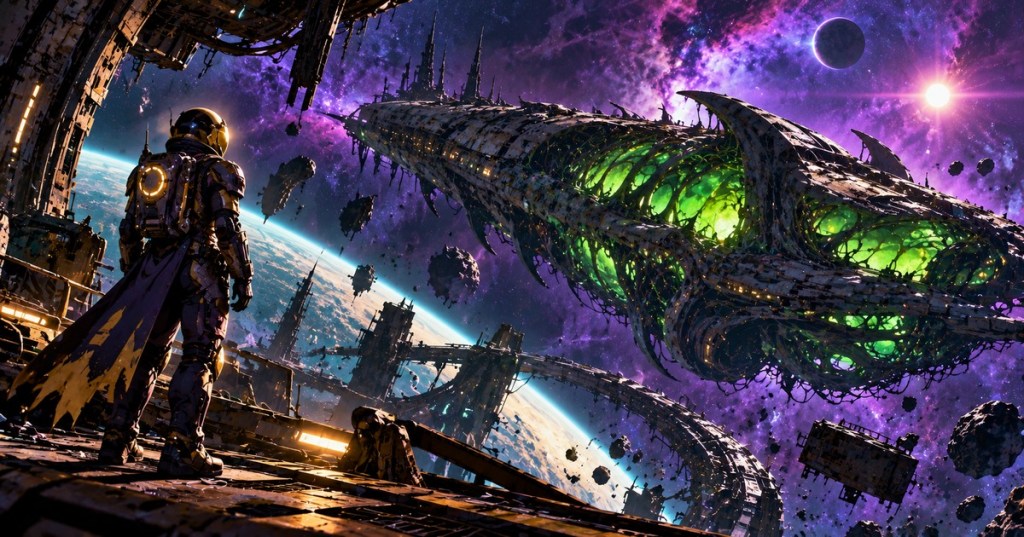 Original anime-style editorial artwork of a spacesuited explorer looking toward a green-lit derelict starship against a purple nebula