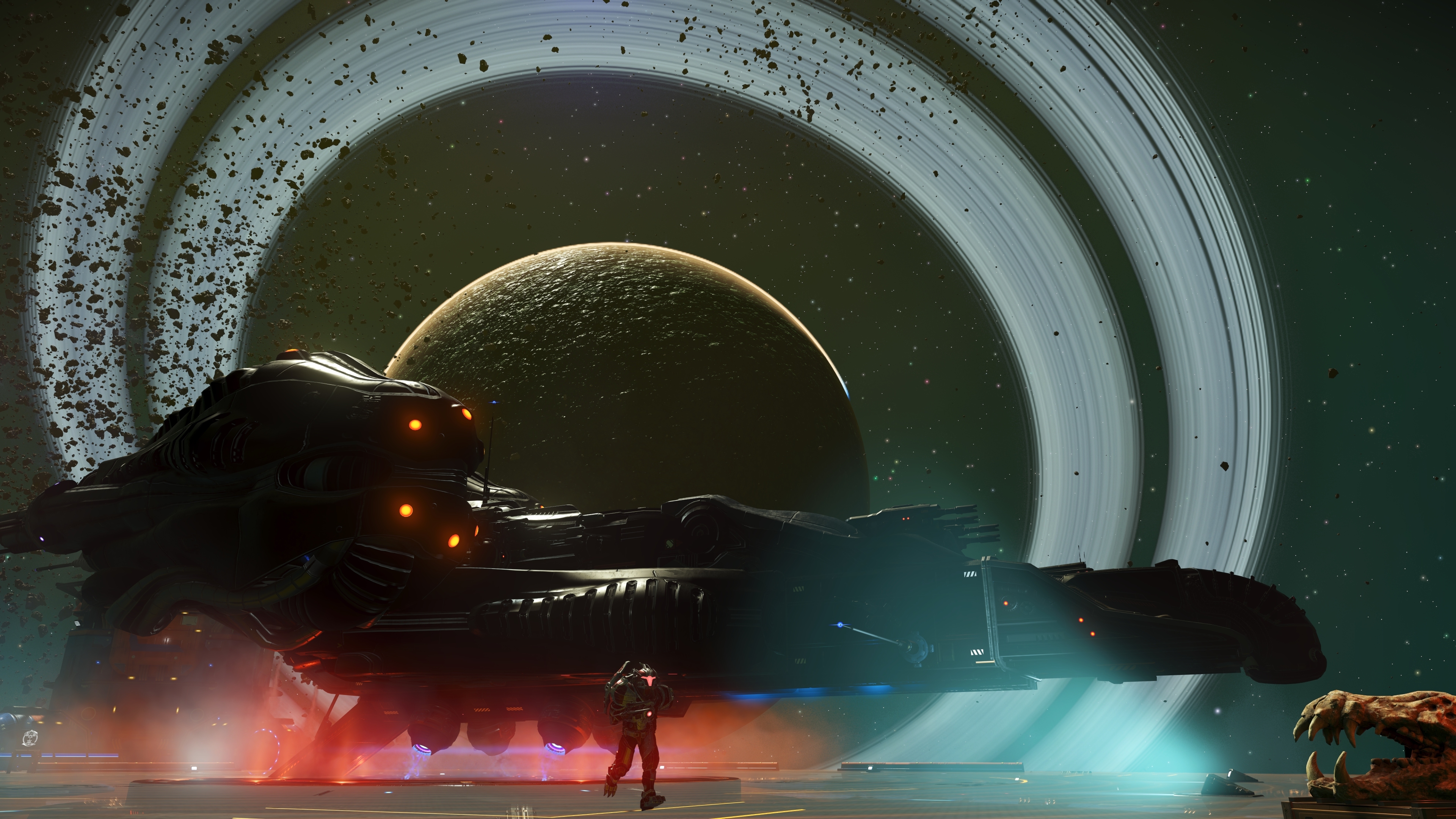 A dark spacecraft parked beneath a huge illuminated planetary ring in No Man’s Sky Forsaken
