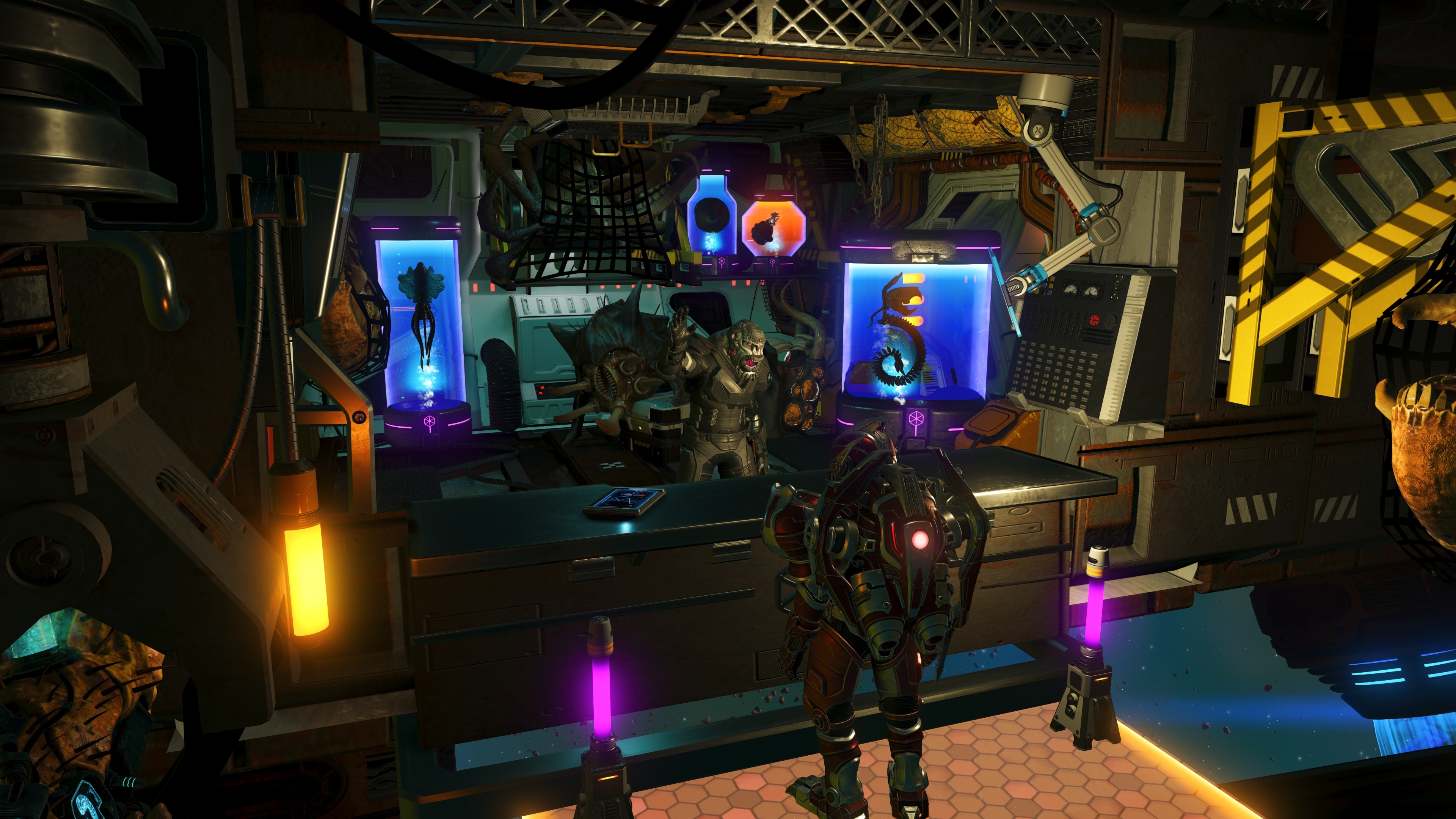 An explorer speaks to a collector surrounded by preserved alien samples in No Man’s Sky Forsaken