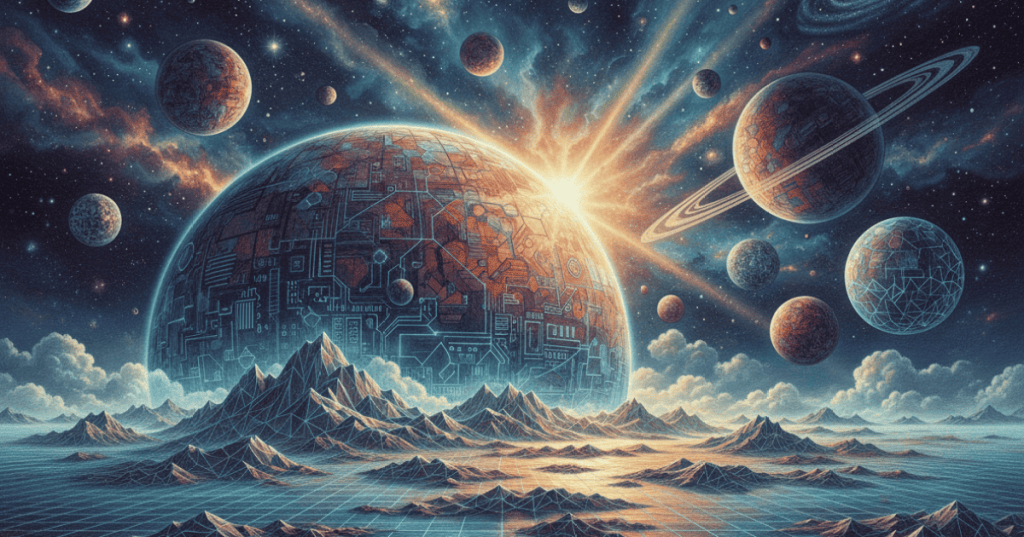 Procedurally generated alien planets and mathematical terrain patterns representing No Man's Sky's algorithmic universe.