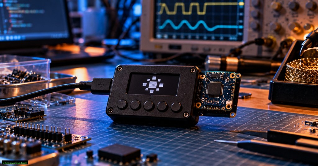 An unbranded DIY hardware wallet prototype on an electronics workbench with buttons, display, secure-element board, oscilloscope, and embedded-development tools.