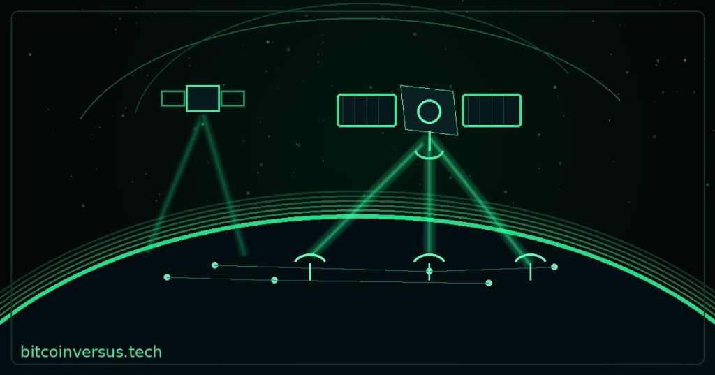 Minimal neon illustration of low Earth orbit satellites linking sovereign ground terminals, created for BitcoinVersus.tech.
