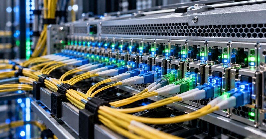 Editorial illustration of optical transceiver ports and yellow fiber cables in a telecommunications network rack