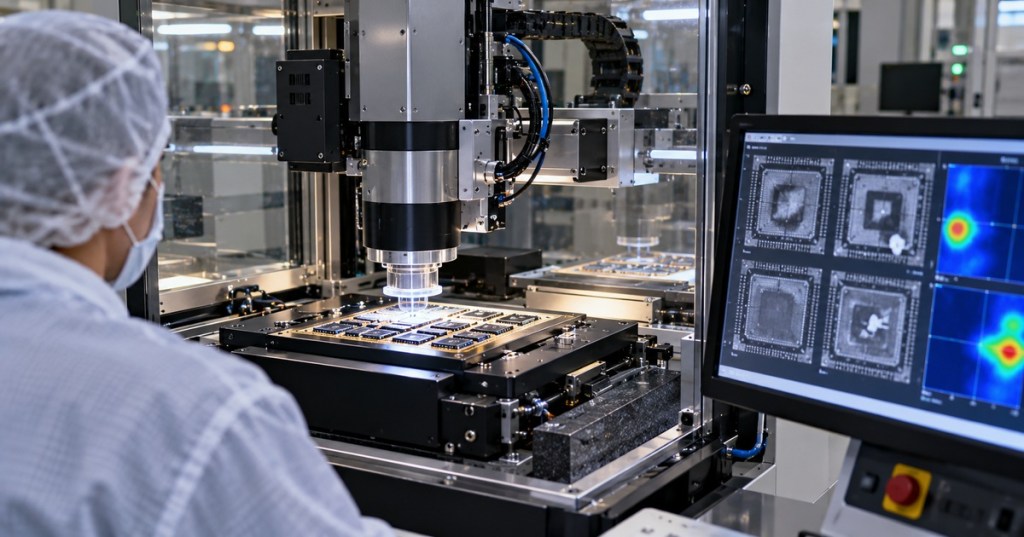 Realistic editorial photograph-style image of an acoustic semiconductor inspection system scanning a chip panel in a cleanroom.