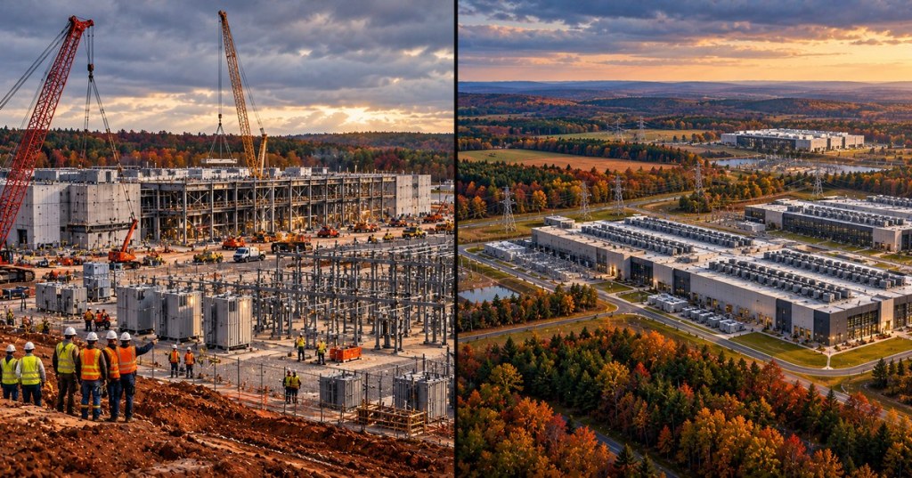 Original split-screen editorial artwork showing construction of an imagined data center and a completed computing campus among North Carolina-inspired wooded hills