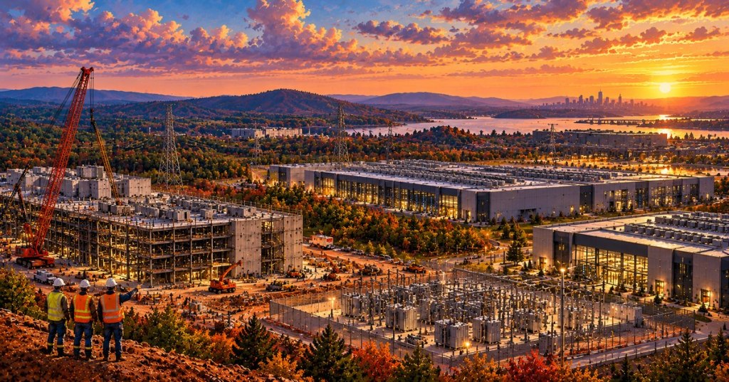 Original conceptual editorial artwork of data center construction, power substations and workers at sunset; not a photograph of a North Dakota project