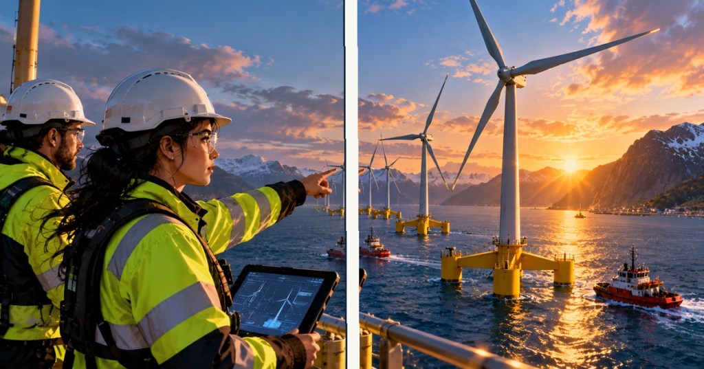 Split-screen editorial artwork: engineers reviewing offshore wind plans on the left, floating wind turbines and service boats at sunset on the right