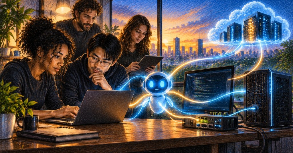 Color-pencil illustration of a diverse team working with an open-source AI agent across local computers and cloud infrastructure.