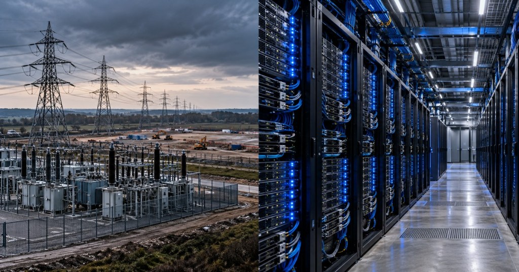 Original split-screen editorial illustration showing UK electrical transmission lines and substation construction on the left, AI server racks on the right, representing the grid delay to Nscale's Loughton data center.