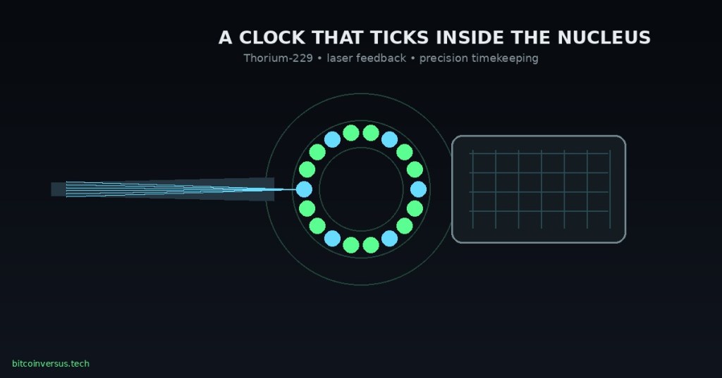 Editorial illustration of a thorium nuclear clock using a laser to probe an atomic nucleus.