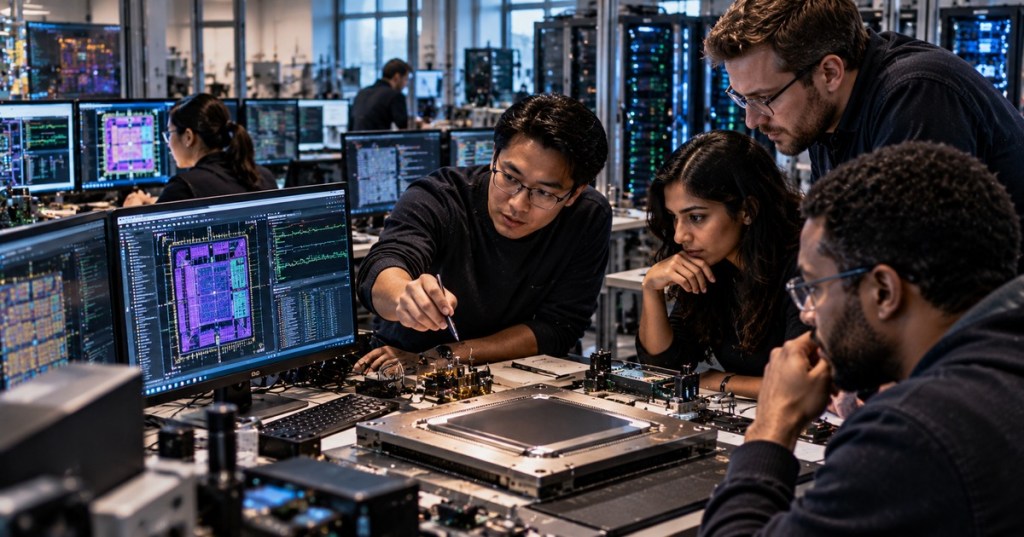 A diverse semiconductor engineering team studying a large server processor package in a modern chip-development laboratory.
