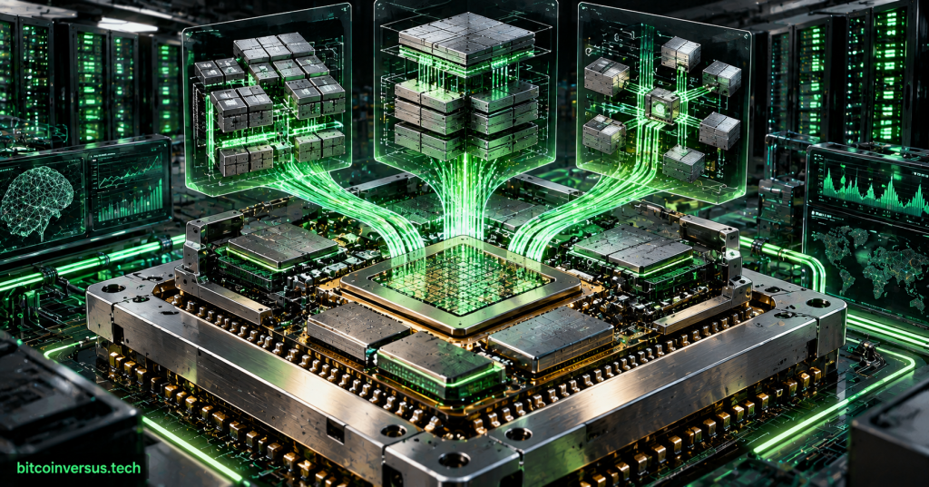 Futuristic CPU package with branching modular architecture paths in a neon-green data center environment, representing an ISA-flexible Core First design.