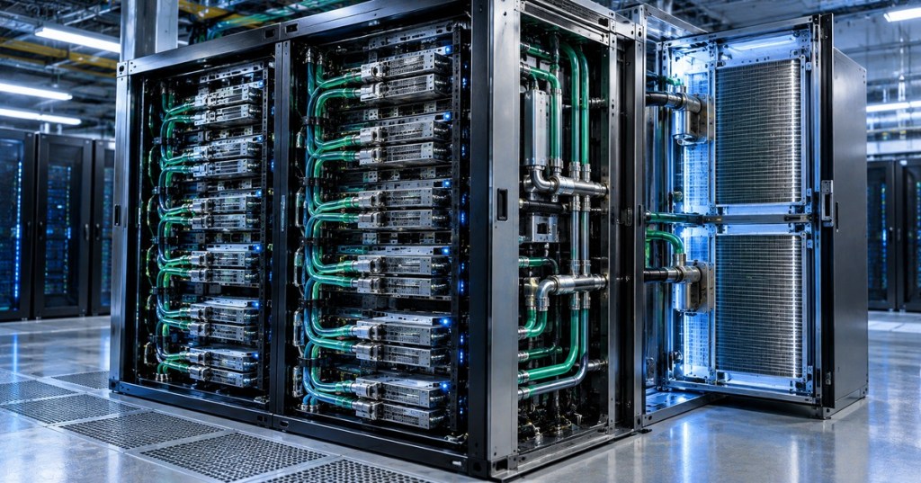 Liquid-cooled rack-scale AI system with a rear-door heat exchanger and integrated coolant plumbing.