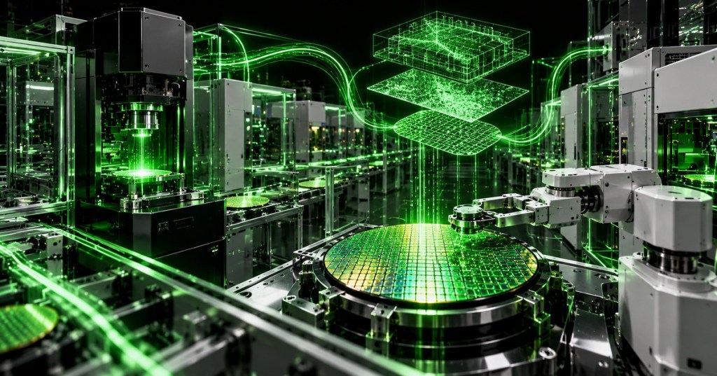 Minimal black and neon-green technical scene of automated semiconductor equipment, wafer inspection and digital simulation inside an AI-driven chip fab.