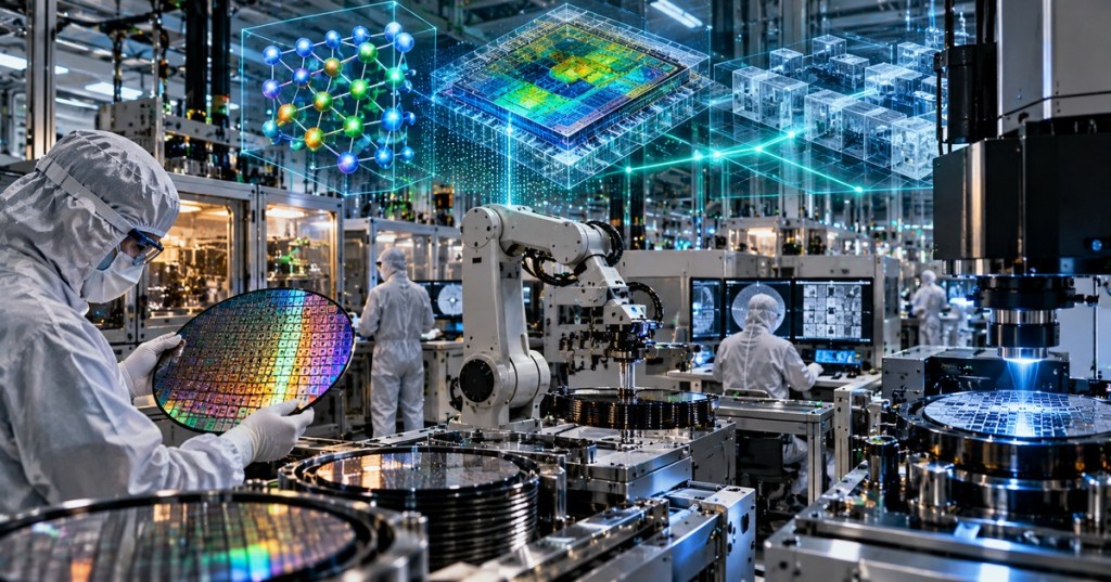 Semiconductor cleanroom with wafer handling robots, inspection equipment, digital-twin overlays and engineers monitoring AI-assisted chip manufacturing.