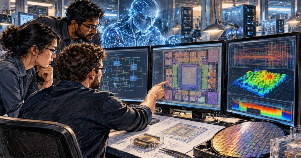 Realistic color-pencil illustration of semiconductor engineers reviewing chip layout, routing and thermal maps with an AI assistant.