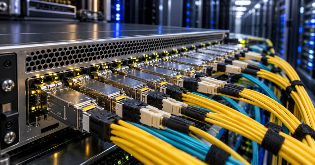 High-density optical transceivers and fiber connections in a modern AI data center network switch