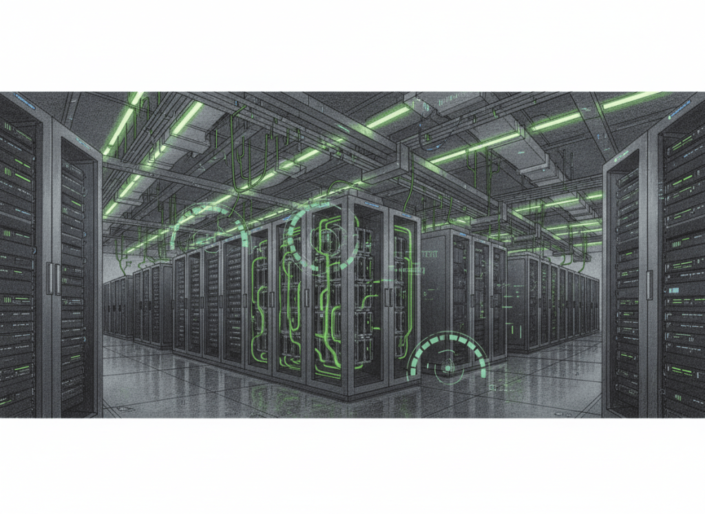Color-pencil illustration of a liquid-cooled AI data center fitting more GPU servers into a fixed power budget.