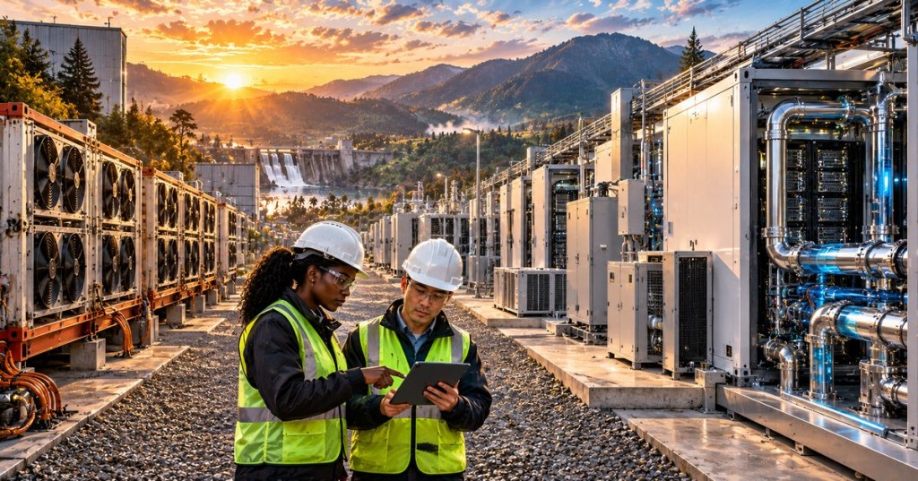 Original editorial illustration showing modular AI server infrastructure opposite fan-cooled Bitcoin mining containers, with two engineers and power infrastructure near a hydroelectric facility.