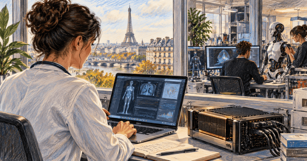 Colored-pencil illustration of a French healthcare AI lab with a clinician, accelerator hardware and Paris in the background.