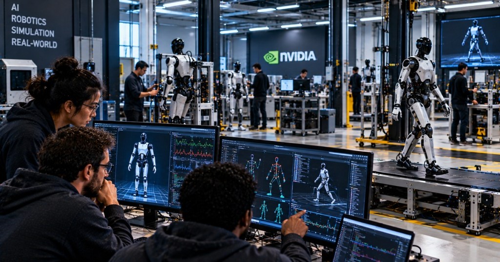 A diverse robotics engineering team monitors industrial robot arms assembling AI server hardware in a modern manufacturing lab.