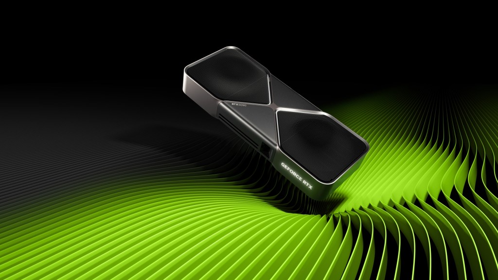 Official NVIDIA GeForce RTX 5090 Founders Edition graphics card on a black and green background.