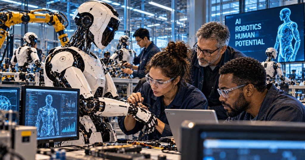 Engineers working with a humanoid robot in a high-tech robotics safety lab