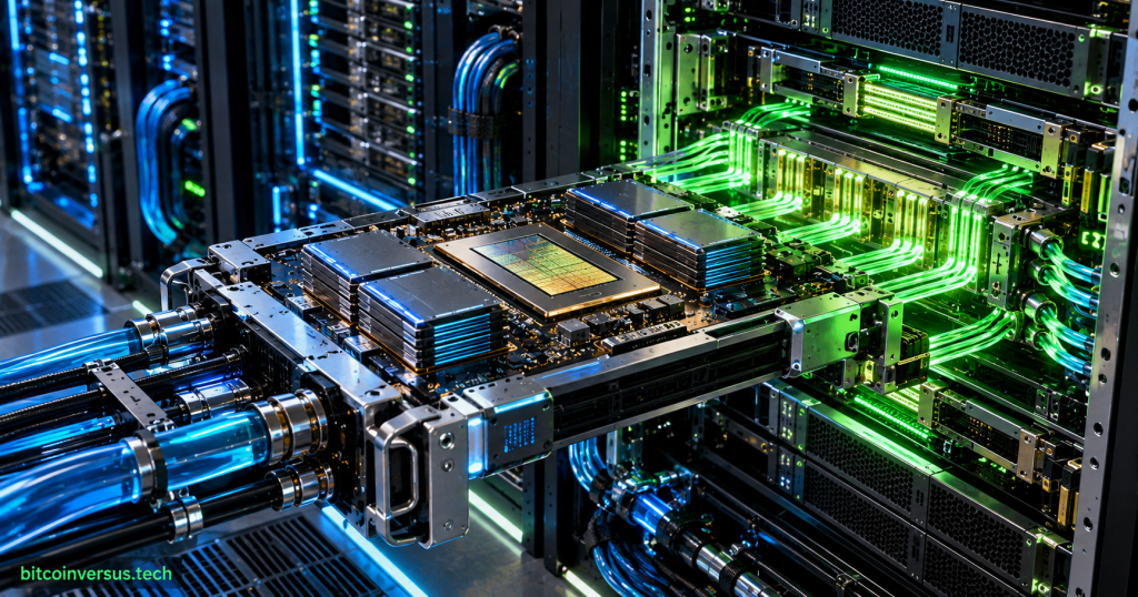 Futuristic liquid-cooled AI rack with a custom accelerator board, stacked memory, and glowing high-speed rack-scale interconnects.