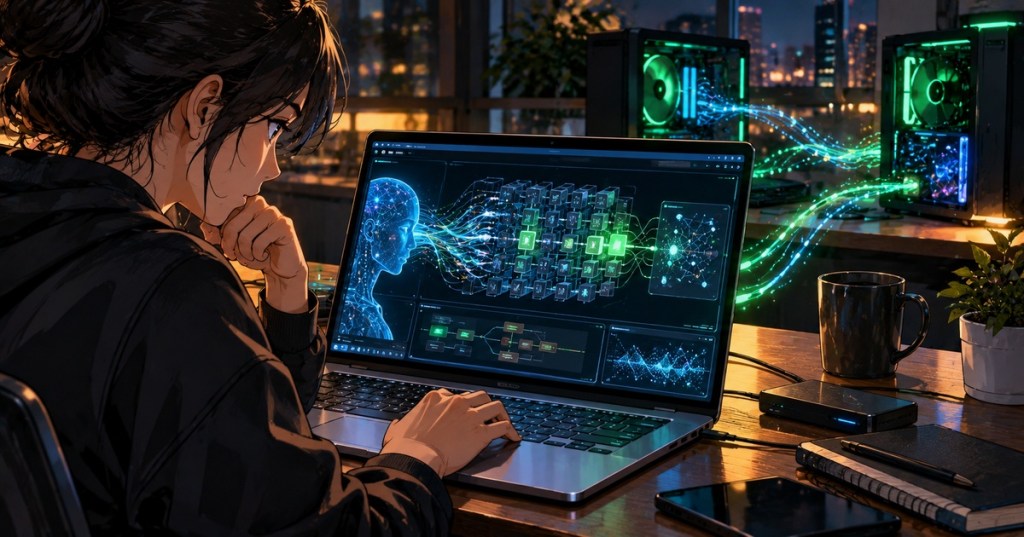 Anime-style editorial illustration of a developer running local AI models on a laptop connected to nearby high-performance PCs.