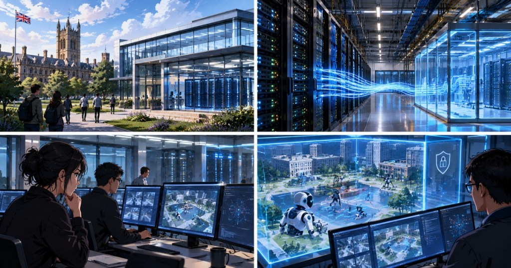 Wordless comic-style editorial scene of UK researchers using data-center compute to test autonomous AI agents in secure sandboxes.
