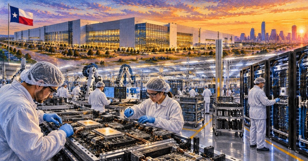 Editorial illustration of technicians assembling AI server hardware in a large Texas manufacturing facility.