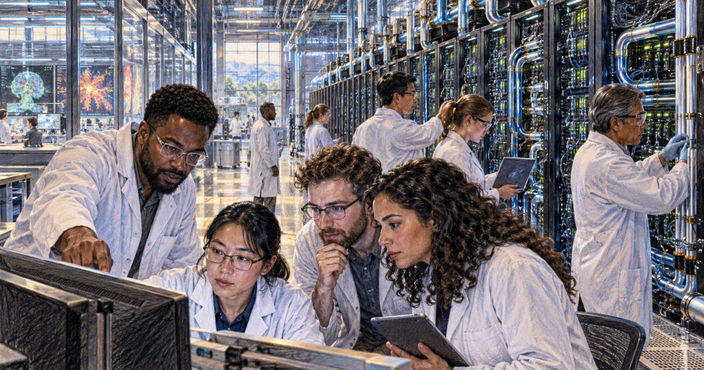 Scientists and engineers working beside high-performance supercomputing racks in a research lab