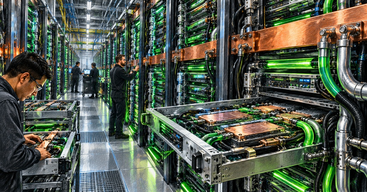 Editorial illustration of engineers working among liquid-cooled AI server racks