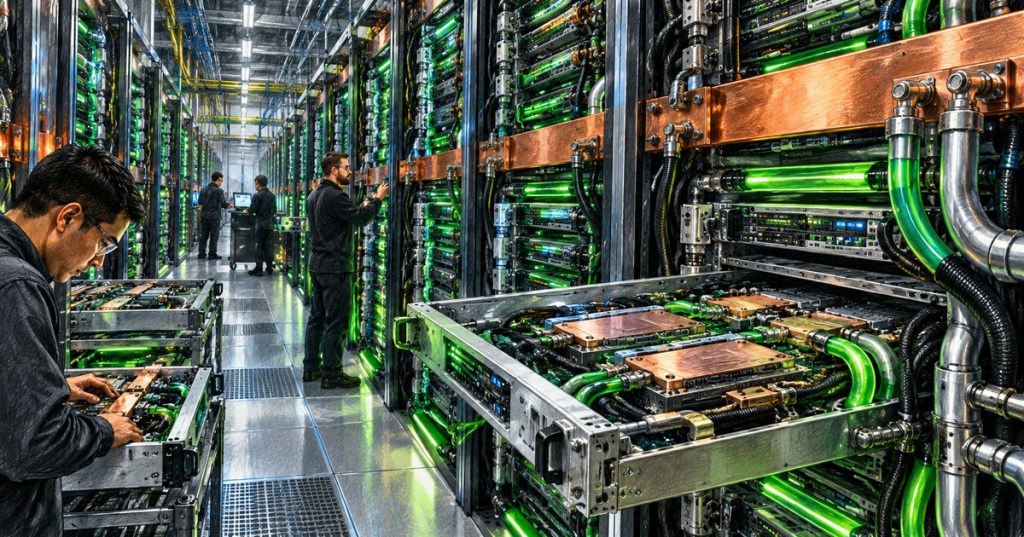 Illustration of engineers servicing liquid-cooled AI server racks.