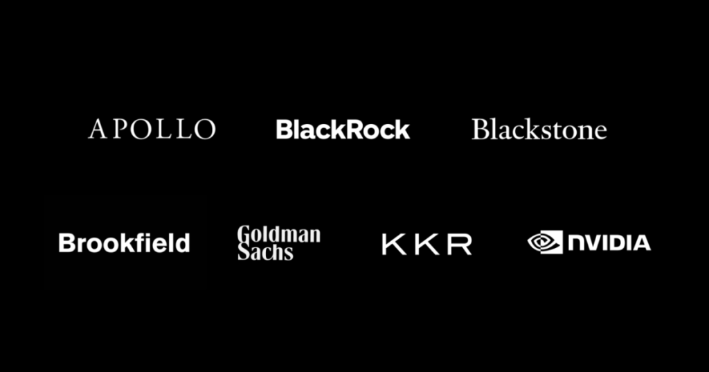 NVIDIA financing partnership graphic with Apollo, BlackRock, Blackstone, Brookfield, Goldman Sachs and KKR