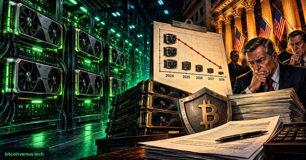 Editorial illustration of AI GPUs, Wall Street bankers, and a depreciation chart representing debate over GPU-backed financing