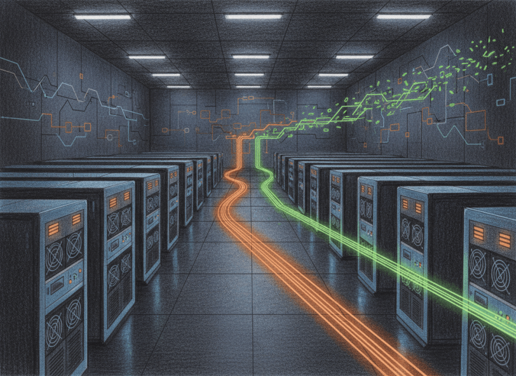 Color-pencil illustration of a Bitcoin mining facility with stable and transient hashrate streams symbolizing owned and rented mining power.
