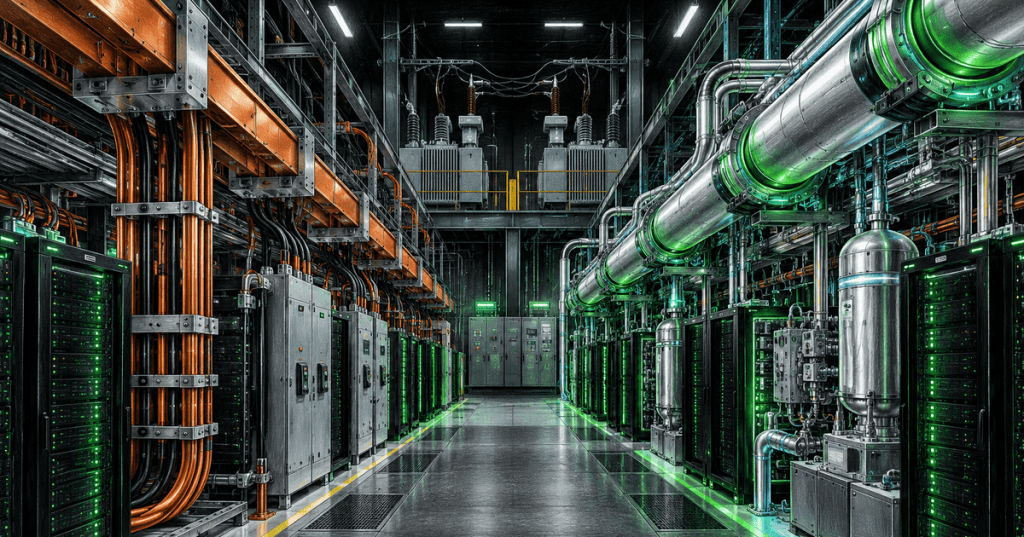 AI data center power infrastructure comparing conventional copper distribution with cryogenic superconducting-style distribution