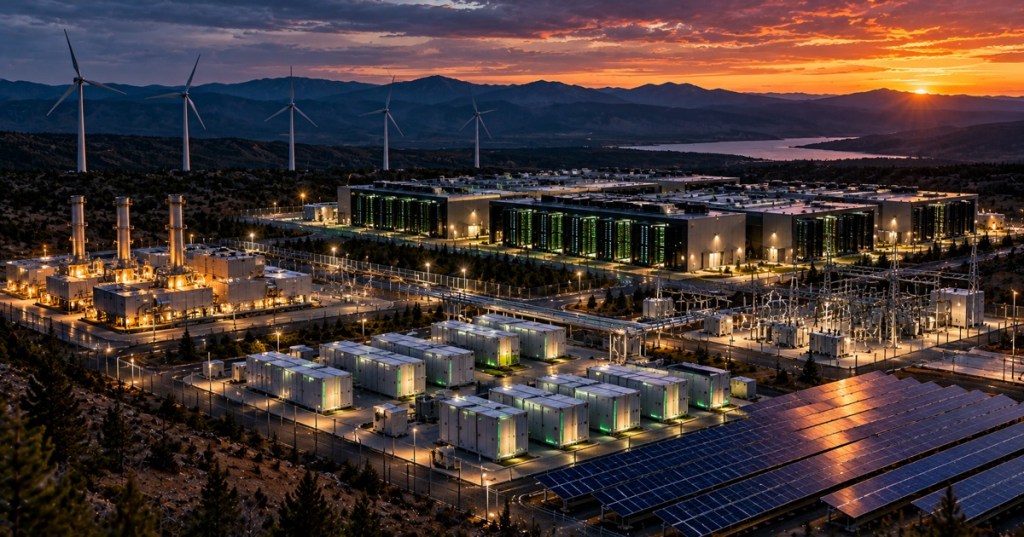 A remote data center powered by solar, wind, batteries and onsite generation in a mountain valley at sunset