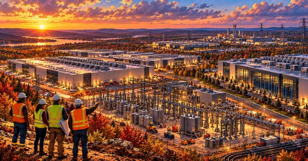 Original anime editorial illustration of a vast imagined Ohio computing campus with substations, utility workers and autumn hills; conceptual, not a photograph of a real project