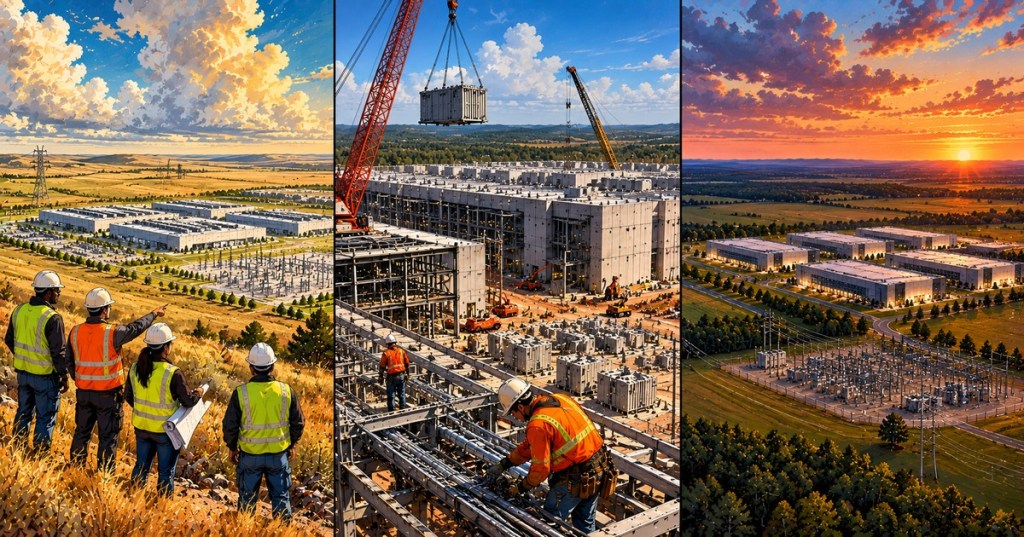 Original three-panel wordless comic illustrating Oklahoma-inspired data center planning, construction and completed buildings; conceptual scenes, not actual projects
