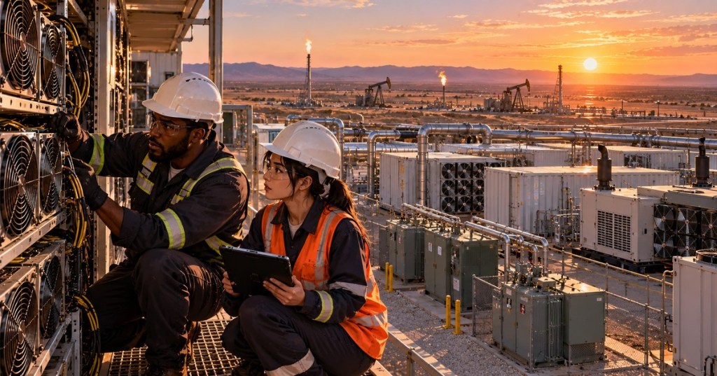 Original photo/anime blend editorial illustration of two diverse technicians near Bitcoin ASIC mining containers, natural-gas generators and oilfield infrastructure in the Texas desert at sunset. Concept artwork, not an actual Olenox site.