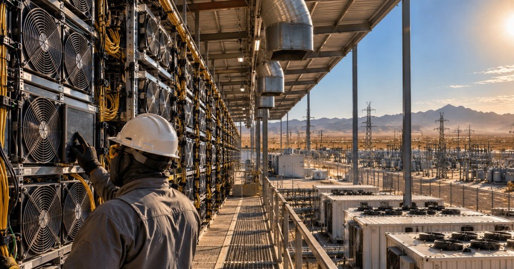 Editorial illustration of a technician inspecting air-cooled Bitcoin mining racks and electrical infrastructure during hot weather; not a photograph of Olenox premises.