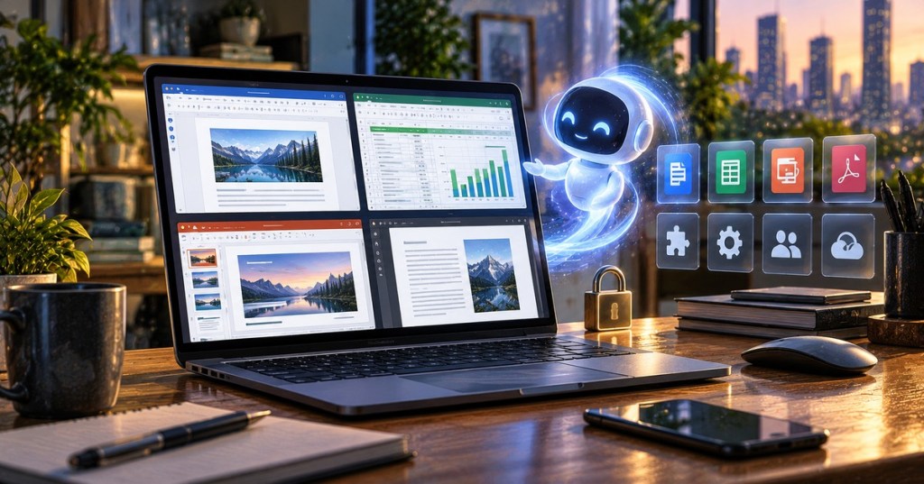 Photorealistic office workspace showing document, spreadsheet, presentation and PDF editing with an AI assistant and security icon.