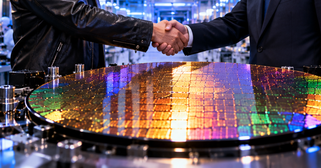Semiconductor acquisition concept showing a handshake above a silicon wafer inside an advanced chip fabrication facility.
